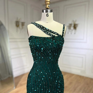 Green One Shoulder Mermaid Elegant Beaded Luxury Evening Dress Gown for Women's Wedding Party 2024