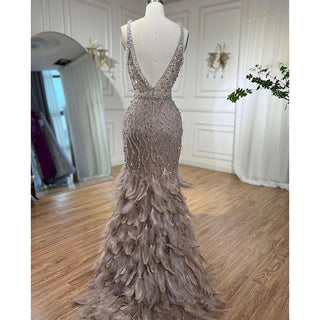 Pink Mermaid Evening Dress 2024 with Sexy High Split, V-Neck, Feather Beaded Luxury - Ideal for Women's Wedding Party