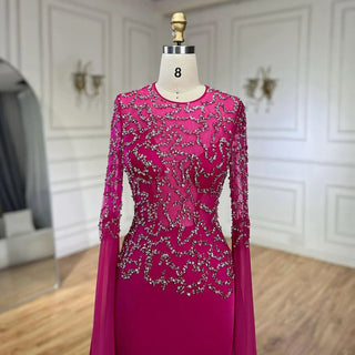 Ships in 1 to 3 Days - Arabic Fuchsia Mermaid Evening Dress with Cape Sleeves and Beaded Gloves Luxury Dubai Gowns for Women's Party 2024