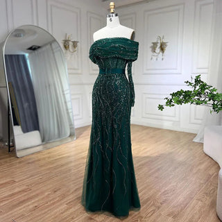 Arabic Nude Mermaid Evening Gown: One-Shoulder Beaded Luxury Dubai Design for Women's Wedding Party