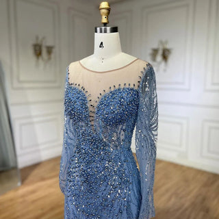 Dubai Arabian Blue Elegance: 2024 Mermaid Luxury Beaded Pearls Evening Gown - Elegant Dress for Women's Wedding Party