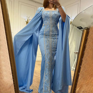 Blue Muslim Elegant Mermaid Evening Dress: Cape Sleeves, Arabic Beaded Gowns for Women's Wedding Party 2024