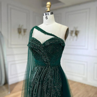 2024 Green One Shoulder Mermaid Evening Dress with Cape Overskirt: Perfect for Women's Wedding Party and Long Prom Formal Events