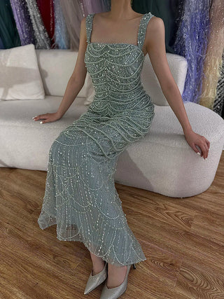 Arabic Nude Spaghetti Strap Mermaid Pearls Beaded Evening Gown for Women | Wedding Party 2025