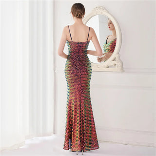 Sexy V-Neck Sequin Strap Party Maxi Dress with Slit - Long Prom Evening Dress for Women