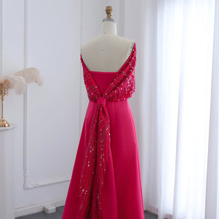 Elegant Off-Shoulder Fuchsia Arabic Evening Dress with Cape for Women Wedding Party Dubai Formal Prom Gowns