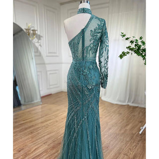 One-Shoulder Beaded Turquoise Mermaid Evening Dress for Women's Wedding Party