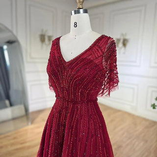 Desert Ruby: Red A-Line Evening Dress with Half Sleeves and Crystal Beading – Dubai 2024 Formal Collection