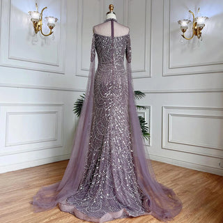 Elegant Arabic Purple Mermaid Evening Dress with Cape Sleeves - Beaded Luxury Gown for Women's Wedding Party 2024