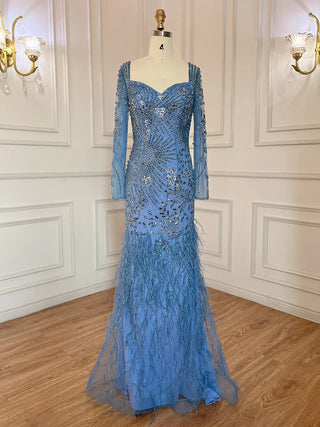 Arabic Blue Mermaid Elegant Feather Beaded Evening Dress: Sophisticated Gown for Women's Party 2024