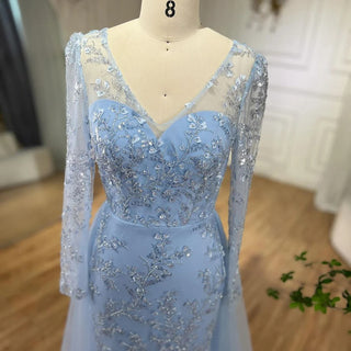 Blue Mermaid Elegant Evening Dress with Train - Beaded Luxury Arabic Gown for Women's Wedding Party 2024