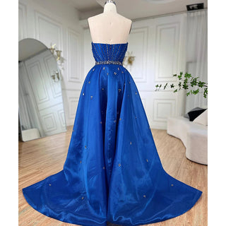 2024 Blue Strapless Mermaid Evening Gown with Overskirt: Beaded Elegance for Formal Occasions - Women's Party Attire