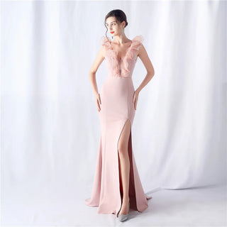 Sexy V-Neck Ruffle Celebrity Maxi Dress - Long Evening Party Dress for Women