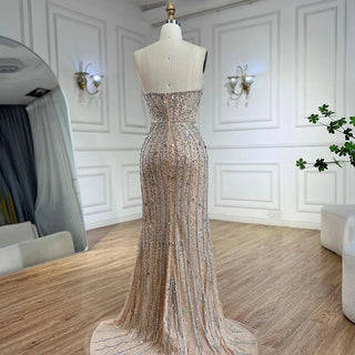 Ships in 1 to 3 Days - 2024 Arabic Pink Strapless Beaded Mermaid Evening Gown Vintage Half Puff Sleeve Dress for Women's Party