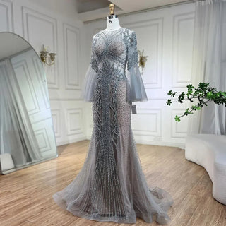 Ships in 1 to 3 Days - Nude Mermaid Prom Dress 2024 with Long Sleeves, Sparkling Sequined Beading - Luxury Elegance