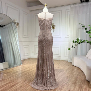 Caramel Cape Sleeves Mermaid High Split Beaded Evening Dress - Long Celebrity Gown for Woman Party