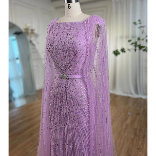 Arabic Purple Mermaid Long Evening Dress with Cape Sleeves - Beaded Luxury Dubai Gown for Women's Party