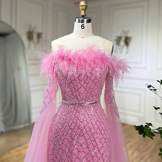 Elegant Cape Sleeves Mermaid Evening Dresses Gowns Luxury Feathers Beaded 2024 For Women Wedding Party