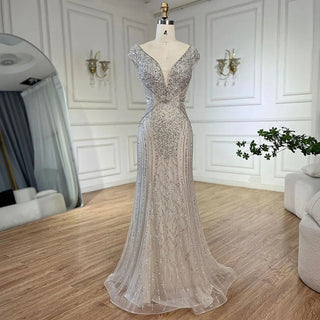 Ships in 1 to 3 Days - Dubai Beige Elegant Sleeveless Mermaid Beaded Arabic Evening Dresses Gowns for Women Wedding Party 2024