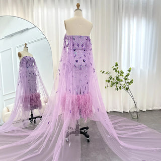 Dubai Luxury Lilac Evening Dress with Feathers and Cape Sleeves: Ankle Length Midi Elegance for Arabic Women's Wedding Party Gowns