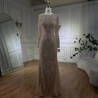 Ships in 1 to 3 Days - Silver Nude Mermaid Over Skirt Beaded Luxury Dubai Evening Dress Gown Long for Women Wedding Party 2024