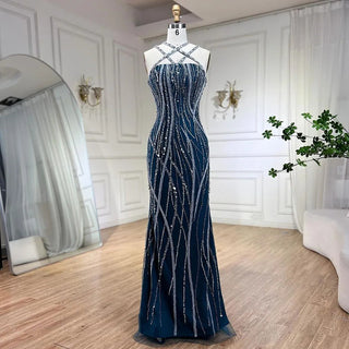 Ships in 1 to 3 Days - Arabic Navy Blue Elegant Mermaid Evening Dress with Balloon Sleeves - Beaded Luxury Dubai Gown for Women's Party