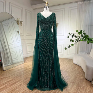 Arabic Mermaid Blue Beaded Elegant Cape Sleeves Luxury Evening Dress Gown for Women Wedding Party 2024