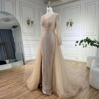 Arabic Pink Mermaid Beaded Evening Dress with Overskirt Luxury Gowns 2024 for Women's Wedding Party