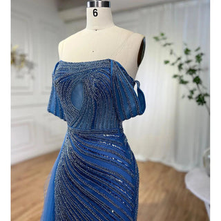 Arabic Blue Elegant Mermaid Evening Dress 2024 - High Split, Beaded Luxury Gown for Women's Wedding Party