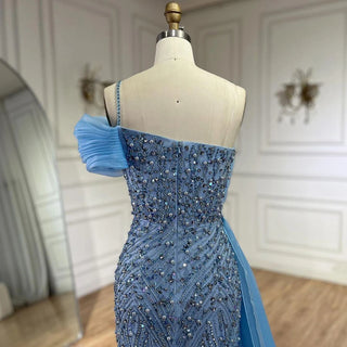 Blue One-Shoulder Beaded Pearls Mermaid Evening Dress Gown with Split for Party