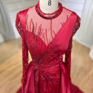 Wine Red Mermaid Luxury Lace Beaded Satin Evening Dresses: Dubai Formal Gowns 2024 for Women's Wedding Party