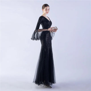 Elegant Long Sleeve Sequin Evening Dress - Gold Mesh Party Maxi Dress