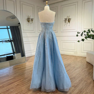 2024 Arabic Blue Cape Sleeves A-Line Beaded Evening Dress | Long Celebrity Gown for Women's Wedding Party