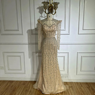 Ships in 2 to 5 Days - Luxury Nude Mermaid Evening Gown with Pearls and Beaded Embellishments – Custom Arabic Design