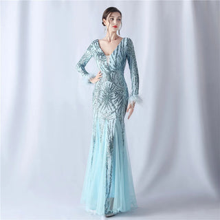 Sexy Gold Sequin Feather Long Sleeve Prom Dress - Evening Party Maxi Dress for Women