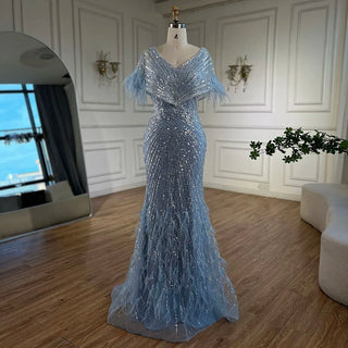 2024 Arabic Elegant Gray Mermaid Luxury Dubai Evening Gown with Feathers Beaded Dress for Women's Party