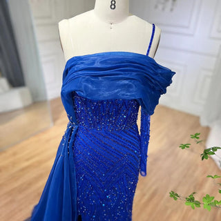 Ships in 1 to 3 Days - Blue Mermaid Elegant One-Shoulder Evening Dress with Luxury Pearls Beading - Women's Wedding Party Gown (2024)