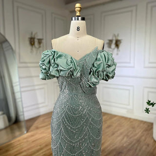 Luxury Dubai Sage Green Evening Dresses for Arabic Women: Elegant Off-Shoulder Mermaid Gown, Ideal for Champagne Wedding Parties