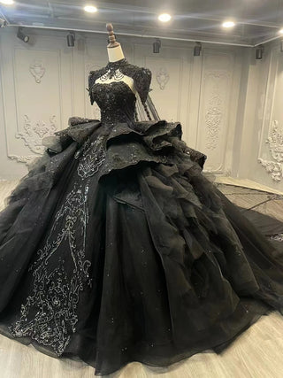 Elegant Black Gothic Ball Gown - Exquisite Off-Shoulder Beaded Evening Dress with Ruffled Layers and Cape