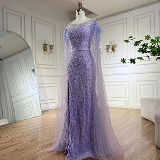 Ships in 1 to 3 Days - 2024 Pink Cape Sleeves Dubai Evening Gown Mermaid with Side Skirt and Feather Beaded Dress for Women's Party