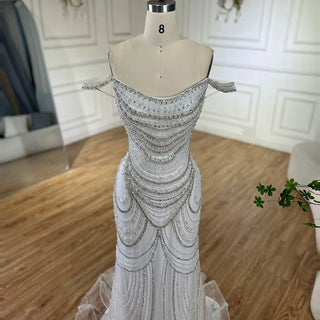 Ships in 1 to 3 Days - Dubai White Nude Strapless Mermaid Luxury Evening Dresses Gowns Pearls Beaded for Women Wedding Party 2024