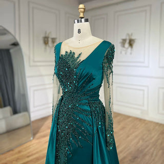 Ships in 1 to 3 Days - Luxury Dubai Green Mermaid Lace Beaded Satin Evening Dresses Formal Gowns 2024 For Woman Wedding Party