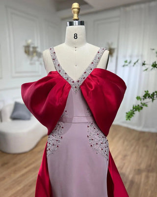 The Perfect Dubai Engagement Dress: Luxury Arabic Pink and Burgundy Mermaid Evening Dress with Cape (2024)