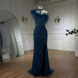 Gray Elegant Halter Feathers Beaded Luxury Mermaid High Split Evening Dress: Party Gown for Women