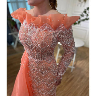 Elegant Peach Mermaid Arabic Evening Dress 2024 - One Shoulder, Luxury Pearls, Beaded Gown for Women's Party