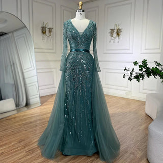 2024 Dubai Gray Long Sleeves Mermaid Beaded Arabic Luxury Evening Dress: Gowns for Women's Wedding Party