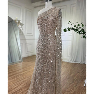 Elegant Nude Mermaid One-Shoulder Pearls Beaded Luxury Evening Dress - Wedding Party Gown for Women 2024