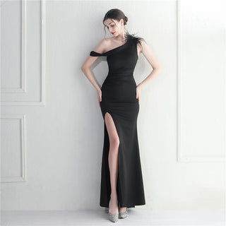 Sexy Slash Neck Feather Party Maxi Dress - Long Slit Prom Evening Dress for Women