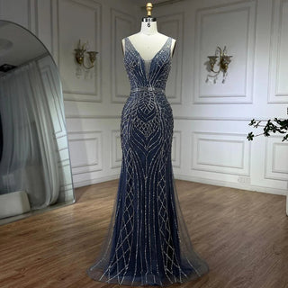 2024 Blue Mermaid Elegant Spaghetti Straps Beaded Luxury Evening Dress - Gown for Women's Wedding Party