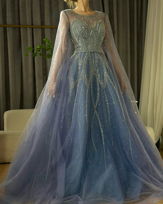 Ships in 1 to 3 Days - 2024 Nude and Blue A-Line Beaded Arabic Evening Gown - Cape Sleeves Dress for Formal Occasions